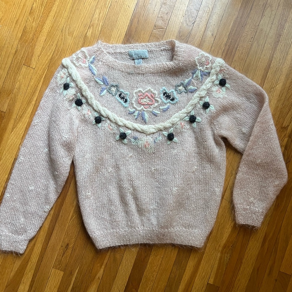 Vintage Lauren Cole Petites Embroidered Knit Sweater Blush Pink